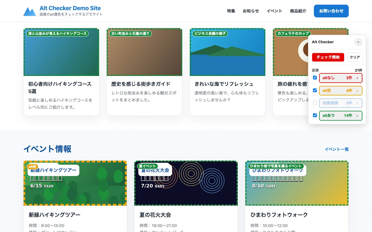 ページ内画像を分類するAlt Checkerのパネル